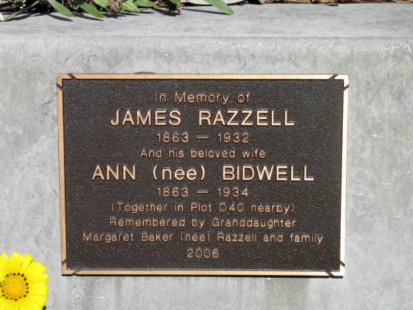 James RAZZELL 1863-1932,  | wife Ann (nee BIDWELL) 1863-1934  |   | Copyright: Jan Phillips  | Tingalpa Christ Church (Anglican) cemetery, Brisbane  |   | 