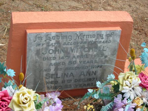 John Mitchell  | died 14 Apr 1958 aged 80 years,  | his wife  | Selina Ann  | 11 Dec 1971 aged 83 years,  |   | Tingalpa Christ Church (Anglican) cemetery, Brisbane  |   | 