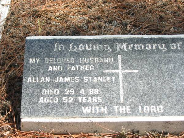 Allan James STANLEY died 29 Apr 88 aged 52 years,  | Tingalpa Christ Church (Anglican) cemetery, Brisbane  |   | 