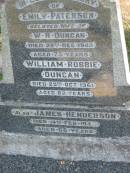 
Emily PATERSON
(wife of W R DUNCAN)
28 Dec 1945 aged 73
William Robbie DUNCAN
29 Oct 1961 aged 82
James HENDERSON
14 Feb 194? aged 68
Toogoolawah Cemetery, Esk shire
