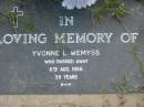 
Yvonne L WEMYSS
6 Aug 1986 aged 39
Toogoolawah Cemetery, Esk shire
