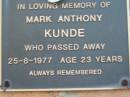 Mark Anthony KUNDE 25 Jun 1977 aged 23 Toogoolawah Cemetery, Esk shire 