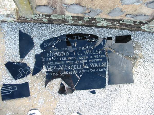 Edmond J C WALSH  | 5 Feb 1925 aged 4  | Mary Marcella WALSH  | 29 Jun 1959 aged 74  | Toogoolawah Cemetery, Esk shire  | 