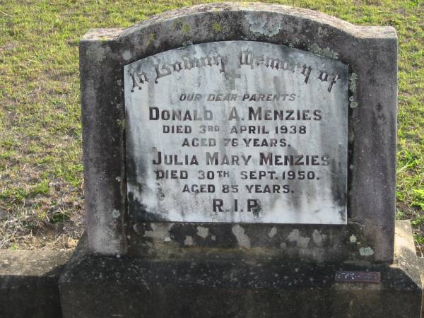 Donald A MENZIES  | 3 Apr 1938 aged 76  | Julia Mary MENZIES  | 30 Sep 1950 aged 85  | Toogoolawah Cemetery, Esk shire  | 