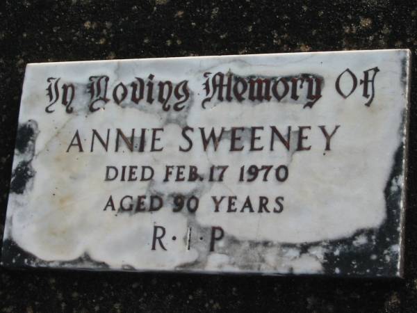 Annie SWEENEY  | 17 Feb 1970 aged 90  | Toogoolawah Cemetery, Esk shire  | 