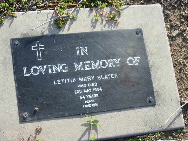 Letitia Mary SLATER  | 20 May 1944 aged 54  | (love Cec)  | Toogoolawah Cemetery, Esk shire  | 