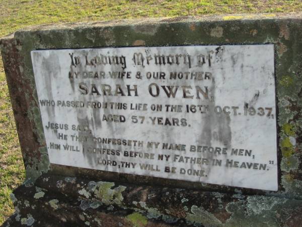 Sarah OWEN  | 16 Oct 1937 aged 57  | Toogoolawah Cemetery, Esk shire  | 