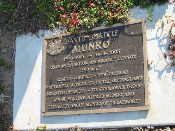 David Beattie MUNRO  | b: 15 Jun 1915, d: 14 Aug 2003  | son of William Alfred MUNRO and Elizabeth Angus MUNRO of Braemore  | Toogoolawah Cemetery, Esk shire  | 