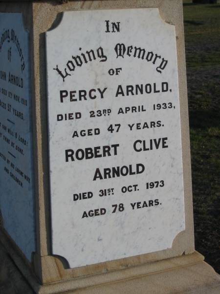 John ARNOLD  | 5 Nov 1910 aged 57  | Percy ARNOLD  | 23 Apr 1933 aged 47  | Robert Clive ARNOLD  | 31 Oct 1973 aged 78  | Jane ARNOLD  | 25 Jan 1942 aged 77  | Agnes ARNOLD  | 2 Nov 1977 aged 77  | Toogoolawah Cemetery, Esk shire  | 