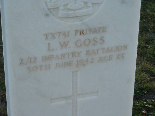 L W GOSS  | 30 Jun 1942 aged 23  | Toogoolawah Cemetery, Esk shire  | 