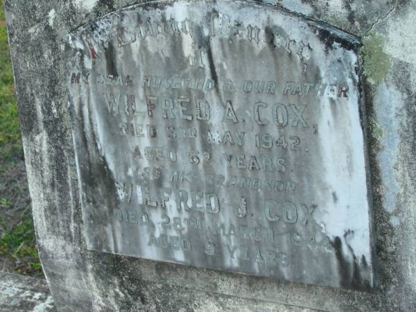 (husband father) Wilfred A COX  | d: 3 May 1942 aged 62  | (grandson) Wilfred J COX  | d: 28 Mar 1944 age 9  | Toogoolawah Cemetery, Esk shire  | 