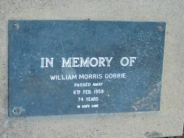 William Morris GORRIE  | 6 Feb 1959 aged 74  | Toogoolawah Cemetery, Esk shire  | 