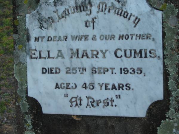 Ella Mary CUMIS  | 25 Sep 1935 aged 45  | Toogoolawah Cemetery, Esk shire  | 