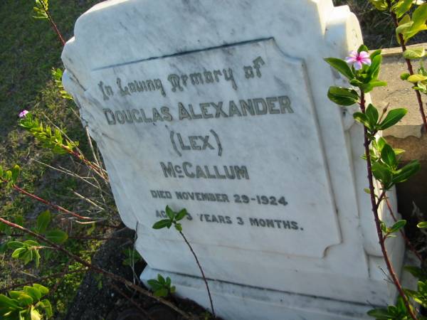 Douglas Alexander (Lex) McCALLUM  | 29 Nov 1924 aged 3 years 3 months  | Toogoolawah Cemetery, Esk shire  | 