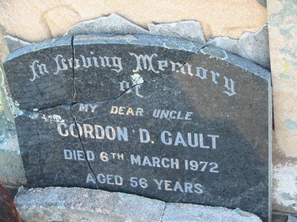 Gordon D. GAULT, uncle,  | died 6 March 1972 aged 56 years;  | Toogoolawah Cemetery, Esk shire  | 