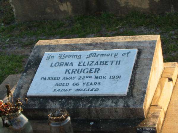 Lorna Elizabeth KRUGER,  | died 22 Nov 1991 aged 66 years;  | Toogoolawah Cemetery, Esk shire  | 