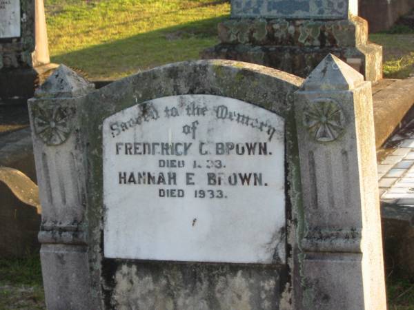 Arthur John BROWN, husband father,  | died 28 Dec 1957;  | Gertrude Lindsay BROWN, wife mother,  | died 26 April 1967;  | Frederick G. BROWN,  | died 1933;  | Hannah E. BROWN,  | died 1933;  | their children;  | Florence G. died 1926;  | Russell W.A. died 1930;  | Frederick K. James George killed in action 1916;  | Toogoolawah Cemetery, Esk shire  | 