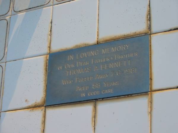 Laurence E. LITTLE, brother,  | died 10-5-1981 aged 68 years;  | Thomas A. BENNETT, father brother,  | died 7-6-1981 aged 58 years;  | Toogoolawah Cemetery, Esk shire  | 