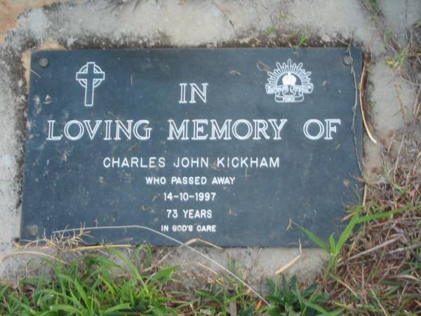 Charles John KICKHAM,  | died 14-10-1997 aged 73 years;  | Toogoolawah Cemetery, Esk shire  | 