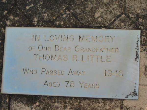 Sydney S. LITTLE, uncle,  | died 29-3-1967 aged 79 years;  | Harold G.C. LITTLE, husband father,  | died 13 July 1971 aged 76 years;  | Wilhelmine M. LITTLE, mother,  | died 15 June 1982 aged 79 years;  | Mary Jane LITTLE,  | died 2 July 1923 aged 64 years;  | Thomas R. LITTLE, grandfather,  | died 1946 aged 78 years;  | Beatrice M.G. BENNETT,  | died 9-8-1980 aged 88 years;  | Toogoolawah Cemetery, Esk shire  | 
