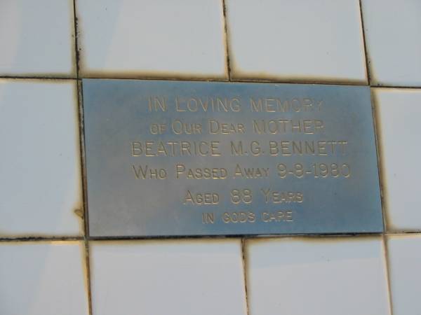 Sydney S. LITTLE, uncle,  | died 29-3-1967 aged 79 years;  | Harold G.C. LITTLE, husband father,  | died 13 July 1971 aged 76 years;  | Wilhelmine M. LITTLE, mother,  | died 15 June 1982 aged 79 years;  | Mary Jane LITTLE,  | died 2 July 1923 aged 64 years;  | Thomas R. LITTLE, grandfather,  | died 1946 aged 78 years;  | Beatrice M.G. BENNETT,  | died 9-8-1980 aged 88 years;  | Toogoolawah Cemetery, Esk shire  | 