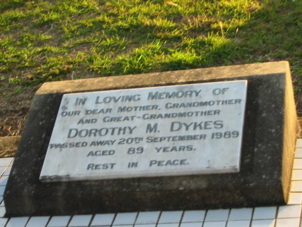 Dorothy M DYKES  | 20 Sep 1989 aged 89  | Toogoolawah Cemetery, Esk shire  | 