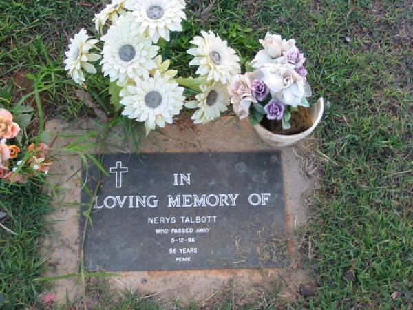 Nerys TALBOTT  | 6 Dec 1996 aged 56  | Toogoolawah Cemetery, Esk shire  | 