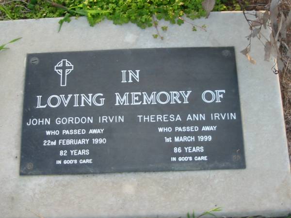 John Gordon IRVIN  | 22 Feb 1990 82 years  | Theresa Ann IRVIN  | 1 Mar 1999 aged 86  | Toogoolawah Cemetery, Esk shire  | 