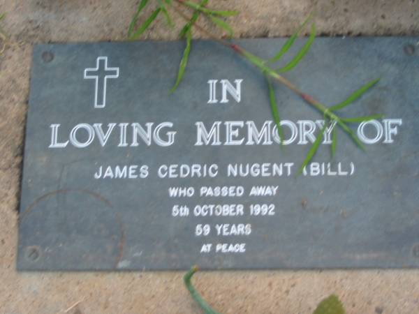 James Cedric NUGENT (Bill)  | 5 Oct 1992 aged 59  | Toogoolawah Cemetery, Esk shire  | 