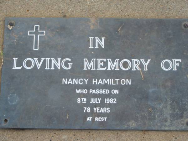 Nancy HAMILTON  | 8 Jul 1982 aged 78  | Toogoolawah Cemetery, Esk shire  | 