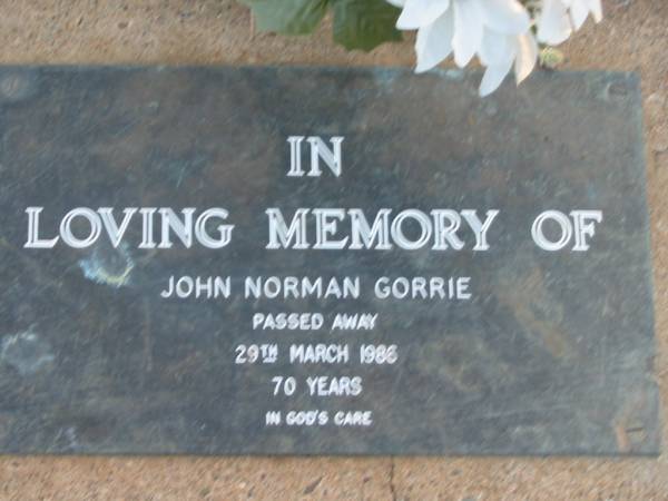 John Norman GORRIE  | 29 Mar 1986 aged 70  | Toogoolawah Cemetery, Esk shire  | 