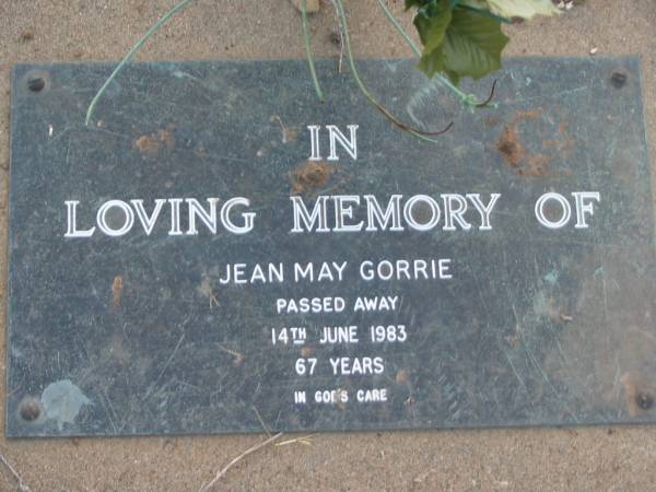 Jean May GORRIE  | 14 Jun 1983 aged 67  | Toogoolawah Cemetery, Esk shire  | 