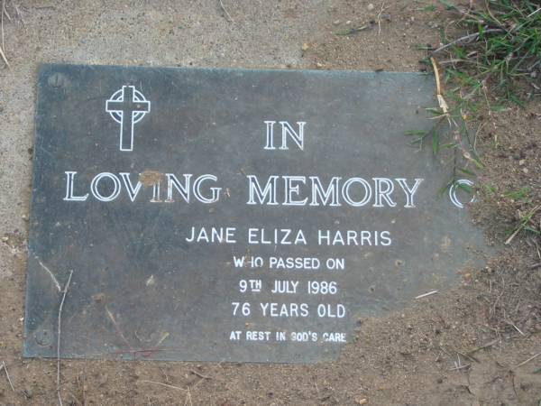 Jane Eliza HARRIS  | 9 Jul 1986 aged 76  | Toogoolawah Cemetery, Esk shire  | 