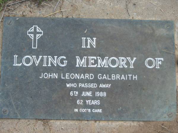 John Leonard GALBRAITH  | 6 Jun 1988 aged 62  | Toogoolawah Cemetery, Esk shire  | 