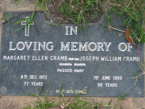 Margaret Ellen CRAMB  | 8 Dec 1972 aged 77  | Joseph William CRAMB  | 1 Jun 1989 aged 98  | Toogoolawah Cemetery, Esk shire  | 