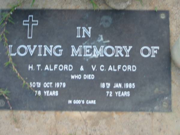 H.T. ALFORD  | 30 Oct 1979 aged 78  | V.C. ALFORD  | 18 Jan 1985 aged 72  | Toogoolawah Cemetery, Esk shire  | 