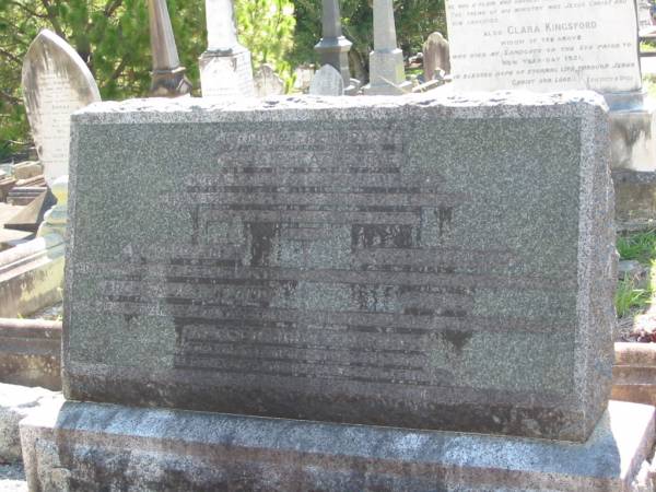 Jessie Catherine, wife of Alfred John Raymond, born 13 March 1863, died 19 October 1933;  | Wilfred John, born 2 December 1906, died 16 June 1912;  | Archibald Hewland, born 4 April 1893, killed in France 3 March 1917;  | Ruby Eleanor, born 9 April 1891, died 1 October 1894;  | Elsie, born 29 August 1897, died 7 September 1897;  | Alfred John Raymond, born 1 February 1856, died 14 October 1935  |   | portion 9  | Brisbane General Cemetery Toowong  |   | 