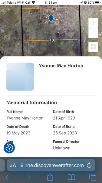 Yvonne May Horton (nee Nicholson)  | b: 21 Apr 1929  | d: 19 May 2023  | buried: 25 Sep 2023  |   | Toowong General Cemetery  |   | 