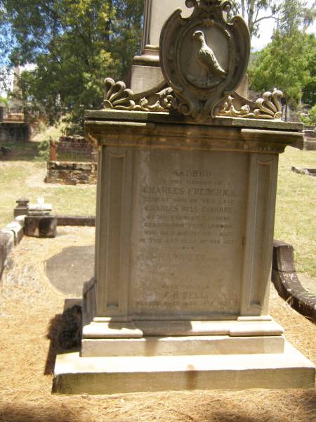 Toowong Cemetery, por 13, sect 29, grave 22;  | Bell Harry Frederic Hawkesley, 12 / 10 / 1938, 81 years;  | Bell Charles Frederick, 19 / 08 / 1875;  |   | Toowong cemetery portion 13  sect 29  grave 11;  | Hobbs Ivy Phyllis, 09 / 08 / 1915;  | Bell Harriett, 28 / 05 / 1913, 93 years;  |   | Charles Frederick (BELL),  | eldest son of late Charles BELL,  | of 29 Stanley Gardens Kensington Park, London,  | d: 20 Aug 1872, aged 45;  |   | (wife) Harriett BELL,  | d: 20 May 1913;  |   | (son) F.H. BELL,  | d: 16 Aug 1938;  |   |   | Phyllis HOBBS,  | d: 8 Aug 1915;  |   | A.C. BODEN,  | d: 26 Nov 1945;  |   | Florence A BODEN,  | wife of A C BODEN,  | d: 14 Oct 1948;  |   | 