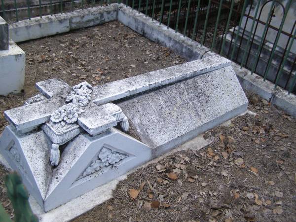 Toowong Cemetery por: 13, sect: 55, grave:4;  | Hobbs William, 09 / 12 / 1890;  | Bourne Emily, 24 / 01 / 1915;  | Hobbs Ann, 02 / 10 / 1875;  | Bourne Cicely Orton, 20 / 06 / 1908, 18 years;  | Hobbs Anna Luisa, 14 / 02 / 1914;  | Hobbs Edwin, 14 / 06 / 1929, 53 years;  | Bourne Clfred Edward, 26 / 07 / 1972, 0 years;  | Bourne Muriel Eleanor, 06 / 11 / 1964;  | Bourne Joseph Orton, 28 / 11 / 1931, 87 years;  |   | Edward HOBBS,  | d: Redcliffe 4 Jan 1875, aged 13yrs 9Mon;  | Alfred HOBBS,  | d: 30 Nov 1878, aged 19;  |   | Arthur HOBBS,  | d: 24 Feb 1926, aged 55;  |   | Edwin HOBBS,  | d: 13 Jun 1929, aged 53;  | Alice Mary Graham,  | d: 29 Jul 1944, aged 71;  |   | Anna Louisa HOBBS,  | d: 13 Feb 1914, aged 79;  |   | William HOBBS;  |   | Cicely Orton BOURNE,  | d: 19 Jun 1908, aged 18;  |   | Emily (BOURNE),  | wife of J O BOURNE,  | d: 23 Jan 1815, aged 56;  |   | Joseph Orton BOURNE,  | d: 27 Nov 1931 aged 87;  | Joseph William (Jack) BOURNE,  | d: San Francisco 7 Sep 1934, aged 36;  | Muriel Eleanor BOURNE,  | d: 9 Feb 1962, aged 76;  | 