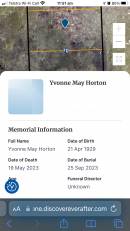 
Yvonne May Horton (nee Nicholson)
b: 21 Apr 1929
d: 19 May 2023
buried: 25 Sep 2023

Toowong General Cemetery


