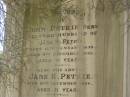 
John PERTIE (senr)
b: 16 Jan 1822
d: 9 Dec 1892
aged 71

Also his wife
Jane K PETRIE
d: 16 Dec 1896
aged 71

and their son
George (PETRIE)
d: 14 Oct 1949
aged 80

Brisbane General Cemetery (Toowong)

