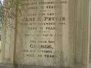 
John PERTIE (senr)
b: 16 Jan 1822
d: 9 Dec 1892
aged 71

Also his wife
Jane K PETRIE
d: 16 Dec 1896
aged 71

and their son
George (PETRIE)
d: 14 Oct 1949
aged 80

Brisbane General Cemetery (Toowong)

