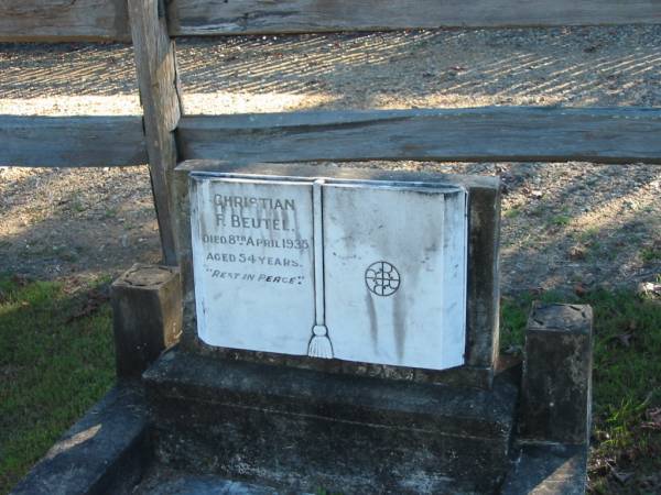 Christian F BEUTEL  | 8 Apr 1935  | aged 54  |   | Tygum Pioneer Cemetery, Logan City  | 