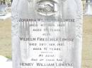 
Johanna Wilhelmina LOWEKE,
died 4 Aug 1927 aged 83 years;
Wilhelm Friederich LOWEKE,
died 20 Sept 1927 aged 91 years;
Henry William LOWEKE, son,
died 25 June 1951 aged 73 years;
Upper Caboolture Uniting (Methodist) cemetery, Caboolture Shire
