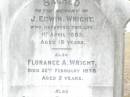 J. Edwin WRIGHT, died 1 April 1883 aged 18 years; Florance A. WRIGHT, died 22 Feb 1878 aged 2 years; Caroline Emily WRIGHT, died 27 Jan 1925 aged 45 years; Elizabeth Jane WRIGHT, born 10 July 1866 died 27 April 1933; Upper Caboolture Uniting (Methodist) cemetery, Caboolture Shire 