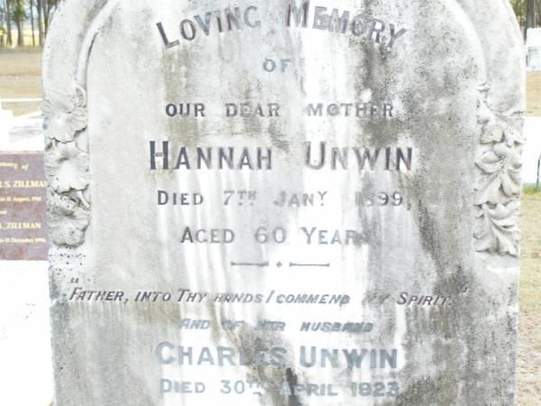 Hannah UNWIN, mother,  | died 7 Jan 1899 aged 60 years;  | Charles UNWIN, husband,  | died 30 April 1923 aged 85 years;  | Betsy Ann TINNEY,  | died 8 Sept 1922;  | Charles SYMONDS, son,  | died 26 Aug 1917 aged 56 years;  | Upper Caboolture Uniting (Methodist) cemetery, Caboolture Shire  | 
