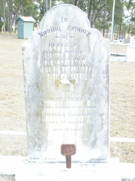 Rebecca, wife of E.F. GOELDNER,  | died 9 Aug 1922 aged 62 years;  | Ernest Frederick, husband of Rebecca GOELDNER,  | died 3 Dec 1922 aged 73 years;  | Upper Caboolture Uniting (Methodist) cemetery, Caboolture Shire  | 