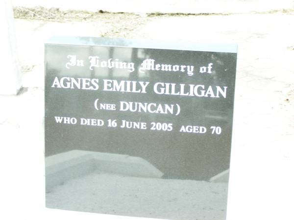 Agnes Emily GILLIGAN (nee DUNCAN),  | died 16 June 2005 aged 70;  | Upper Caboolture Uniting (Methodist) cemetery, Caboolture Shire  | 