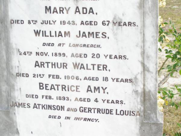 James MCCLURE,  | died 2 Jan 1918 aged 73 years;  | Mary Elizabeth, wife,  | died 22 Jan 1944 aged 87 years;  | children:  | Mary Ada, died 8 July 1932 aged 67 years;  | William James,  | died Longreach 24 Nov 1899 aged 20 years;  | Arthur Walter,  | died 21 Feb 1906 aged 18 years;  | Beatrice Amy,  | died Feb 1893 aged 4 years;  | James Atkinson & Gertrude Louisa, died in infancy;  | Atkinson MCCLURE,  | born County Armagh Ireland,  | accidentally drowned  | 24-12-1868 Amby Downs Station aged 27 years;  | John William MCCLURE,  | died 8-7-93 aged 68 years,  | missed by brothers & sisters;  | Ethel Jane MCCLURE,  | died 5 May 1973 aged 82 years;  | Albert John MCCLURE,  | died 24 July 1961 aged 79 years;  | Alfred Thomas MCCLURE,  | died 1 Nov 1876 aged 82 years;  | Raymond MCCLURE (Curly),  | twin to Betty R.I.P. Lawton,  | died 24-8-01 aged 74;  | Upper Caboolture Uniting (Methodist) cemetery, Caboolture Shire  | 